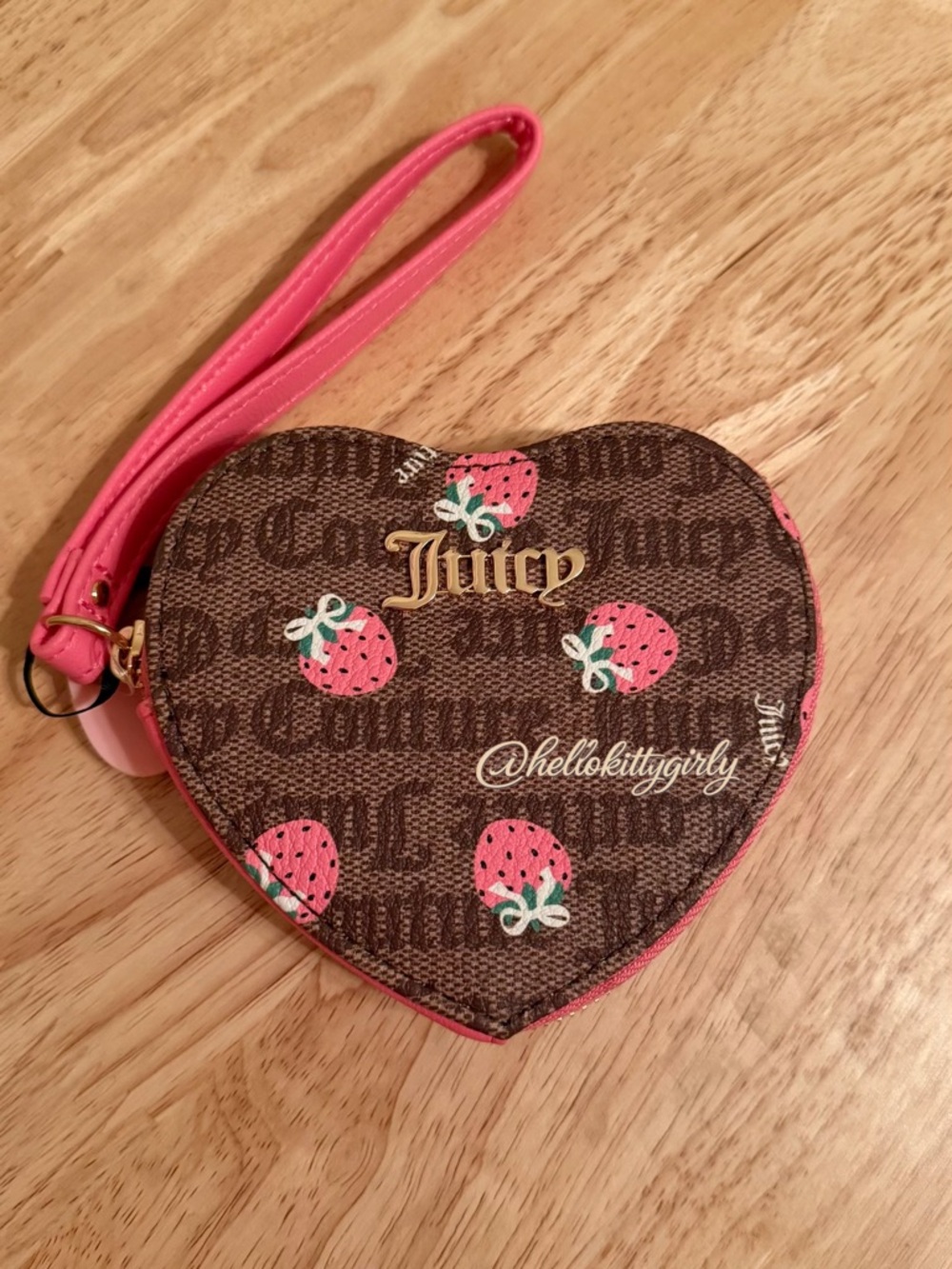 Juicy Couture Brown Monogram Heart Wristlet with Pink Strawberry Accents